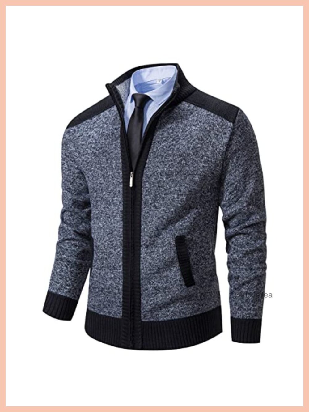Men's Full Zip Knit Cardigan Sweater Plaid Lined Stand Collar Pockets